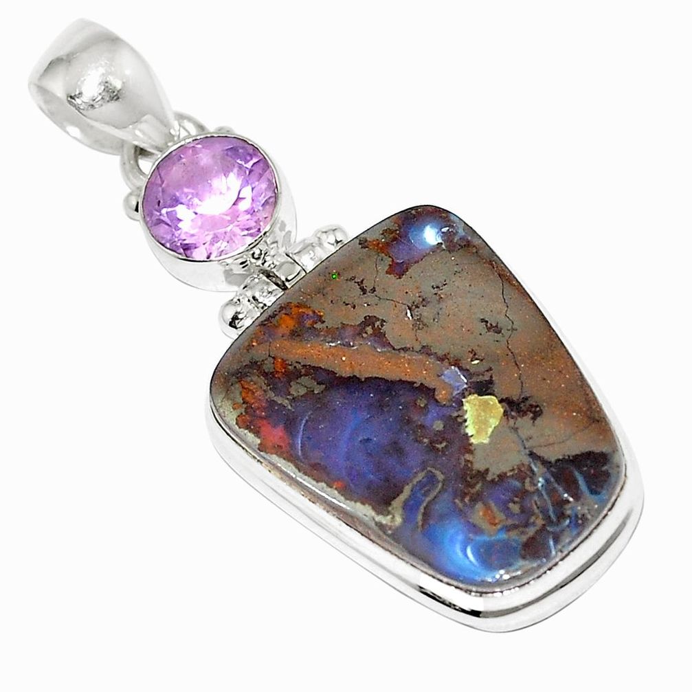 Natural brown boulder opal amethyst 925 sterling silver pendant m52161