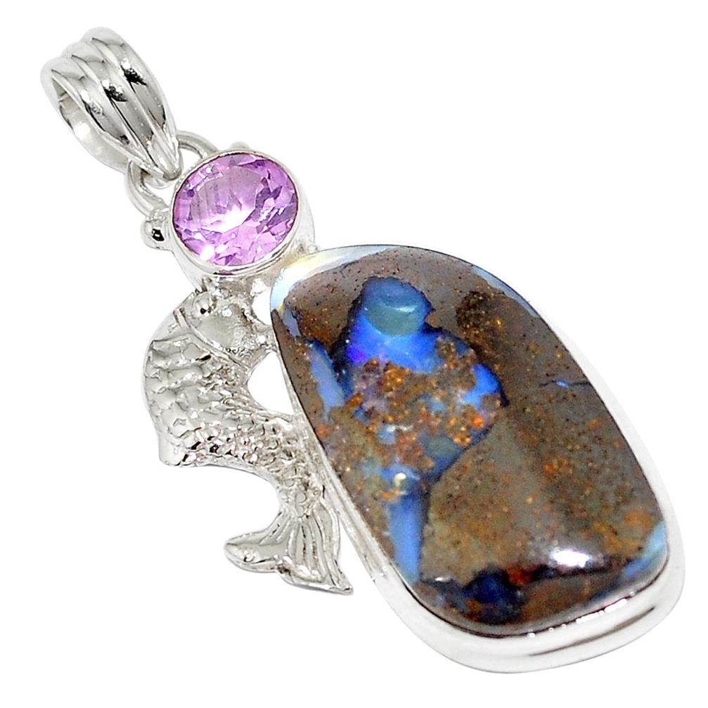 Natural brown boulder opal purple amethyst 925 silver fish pendant m52167