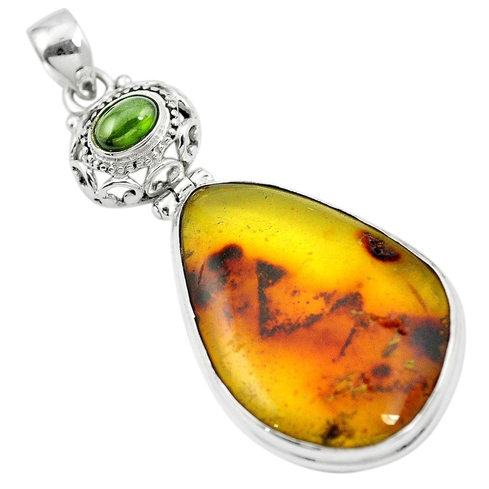 Natural green amber from colombia tourmaline 925 silver pendant m52249