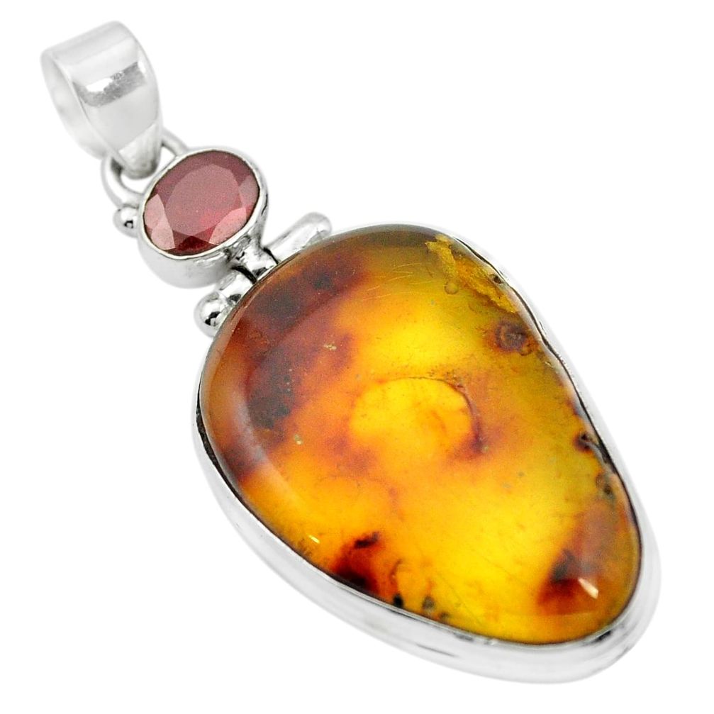 925 silver natural green amber from colombia red garnet pendant m52260