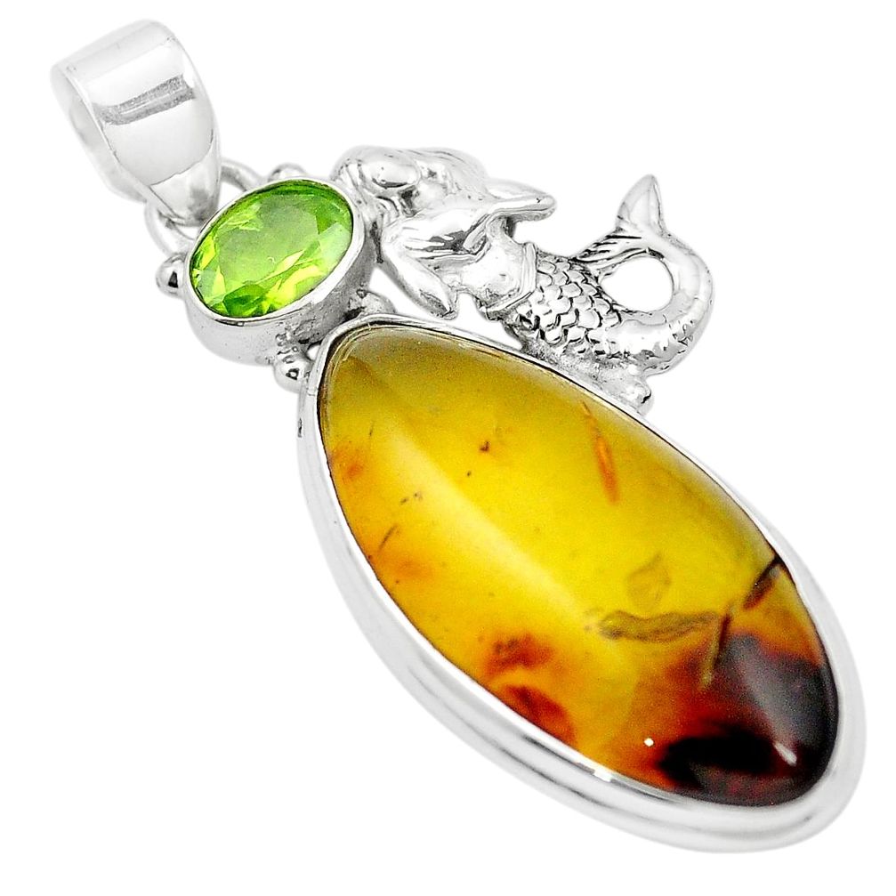 Natural green amber from colombia 925 silver fairy mermaid pendant m52266