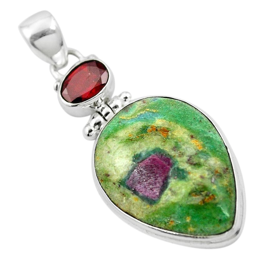 Natural pink ruby in fuchsite red garnet 925 sterling silver pendant m52438