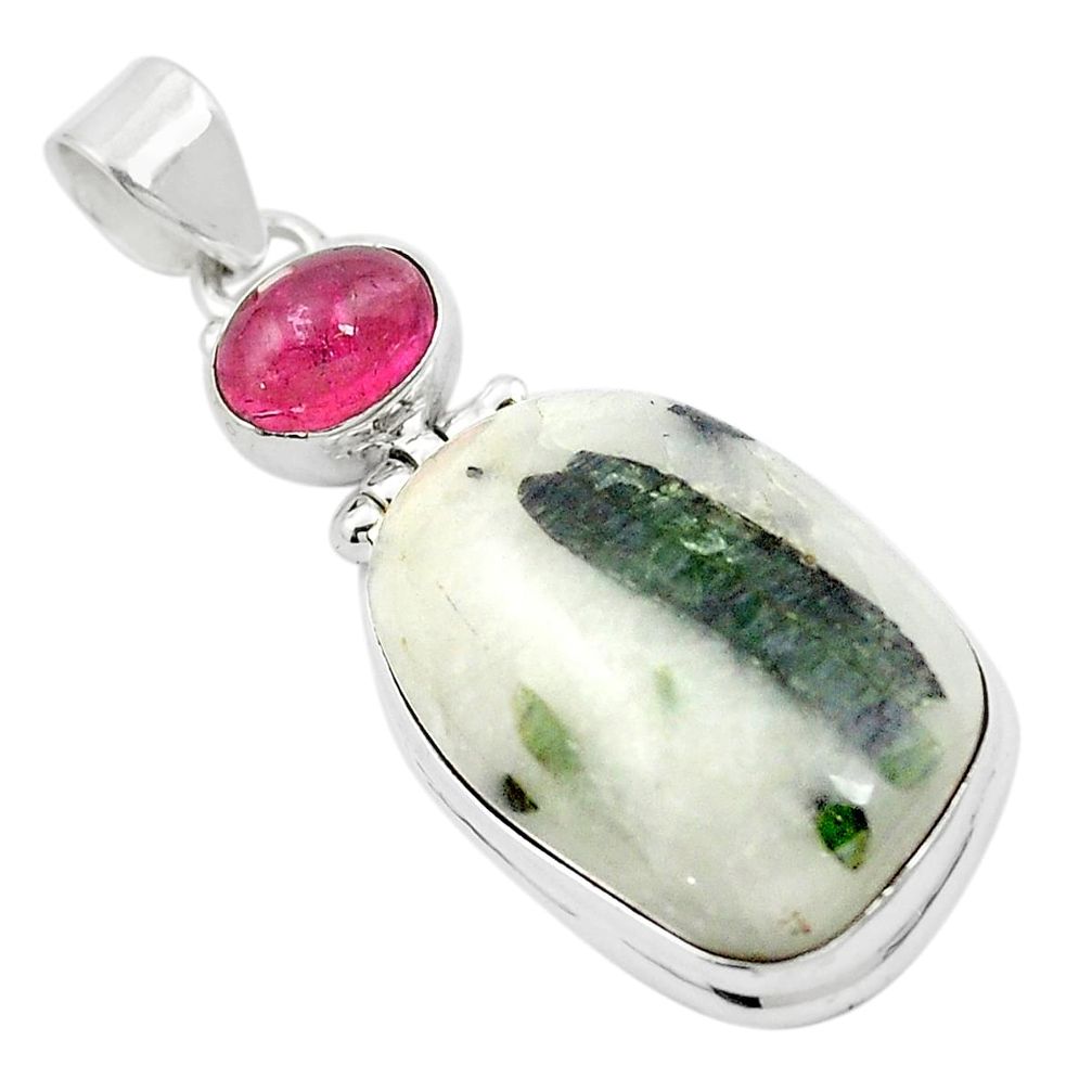 Natural green tourmaline in quartz tourmaline 925 silver pendant m52535