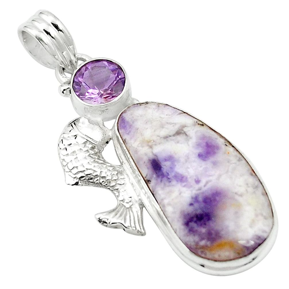 Natural purple opal amethyst 925 sterling silver fish pendant m52572