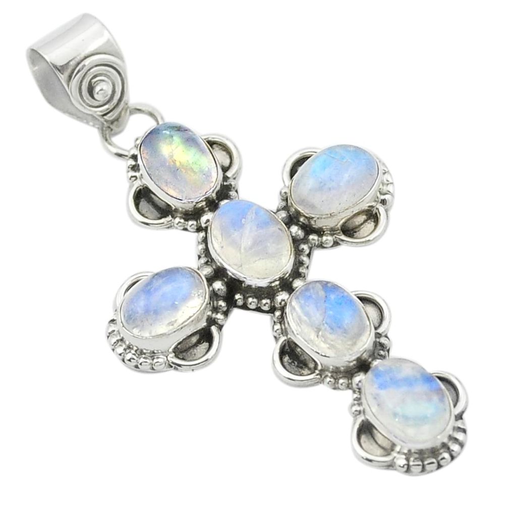 Natural rainbow moonstone 925 sterling silver holy cross pendant m53217