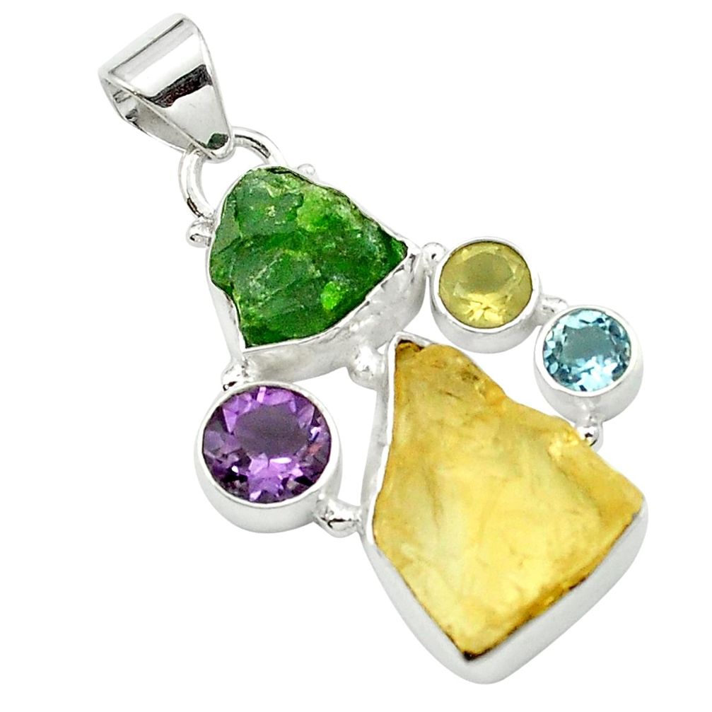 Yellow citrine rough chrome diopside rough 925 silver pendant m53595