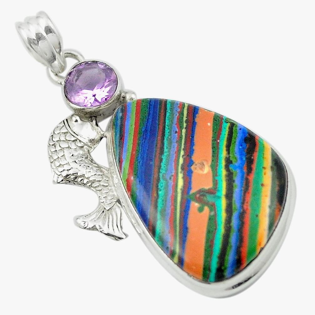 925 silver natural multi color rainbow calsilica amethyst fish pendant m53784