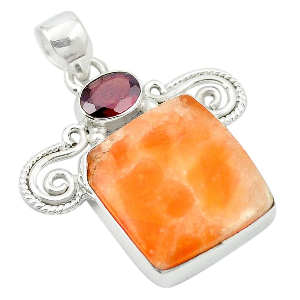 Natural orange calcite garnet 925 sterling silver pendant m53792