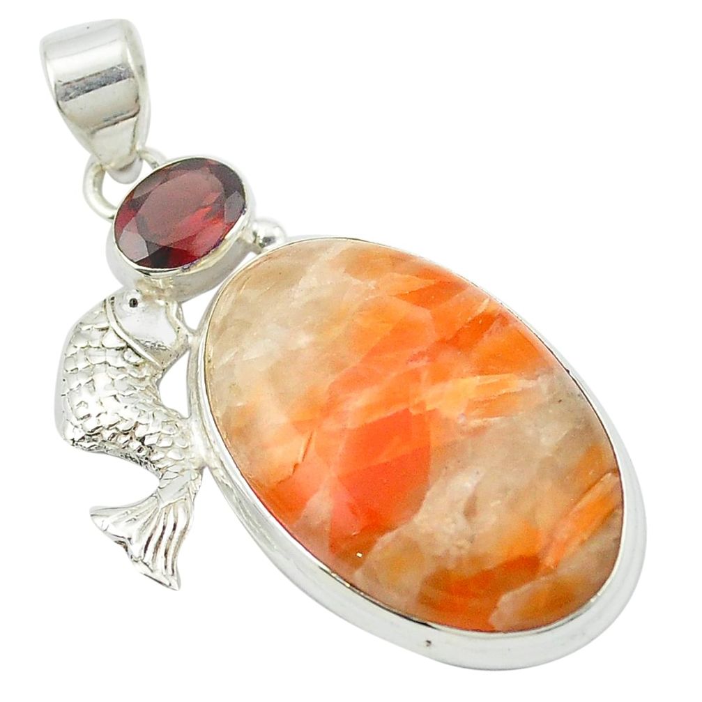 Natural orange calcite garnet 925 sterling silver fish pendant m53794