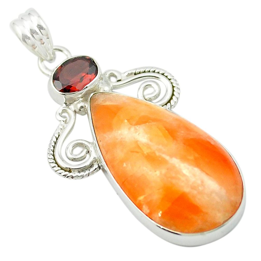 925 sterling silver natural orange calcite red garnet pendant m53796