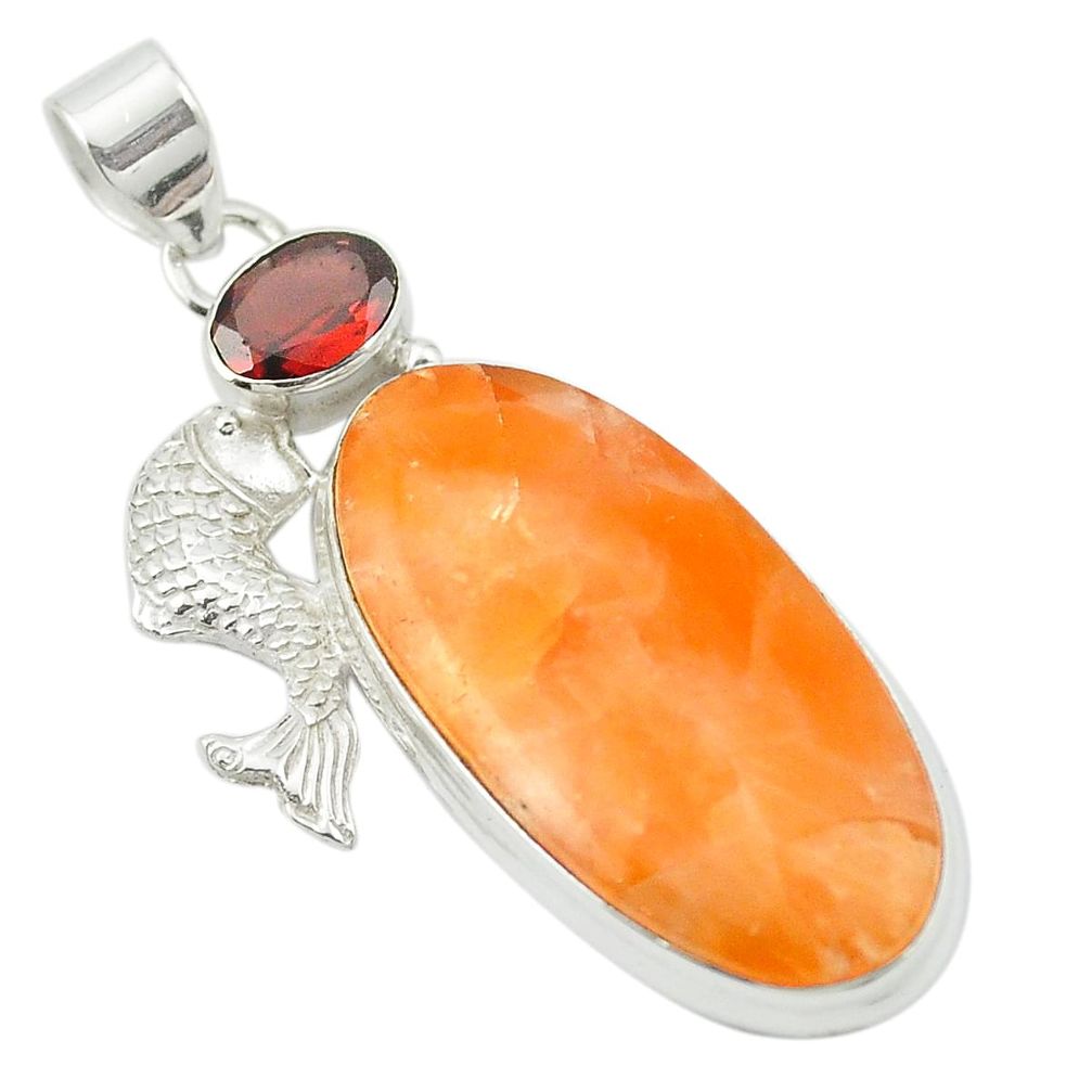 Natural orange calcite red garnet 925 sterling silver fish pendant m53800