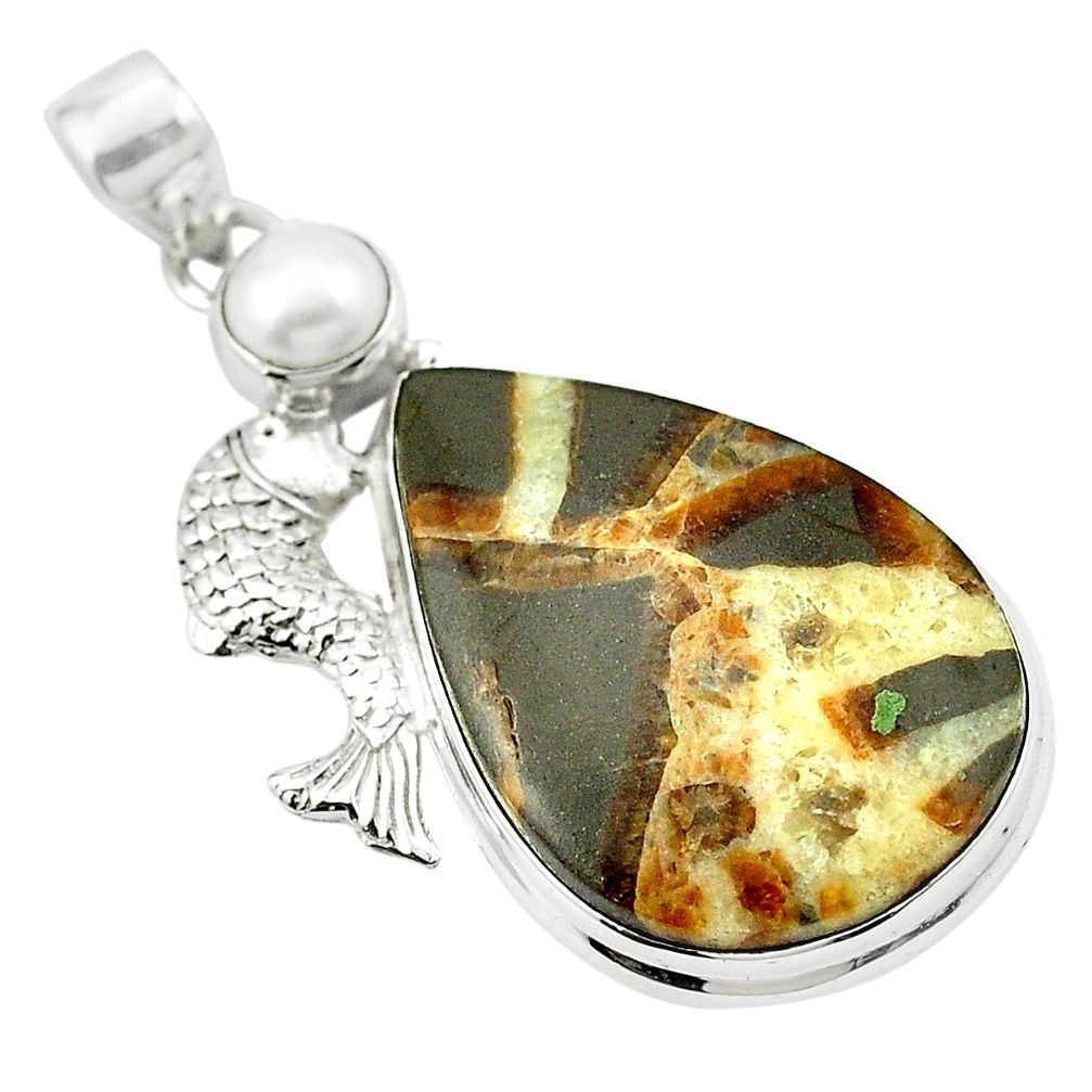 Natural brown septarian gonads white pearl 925 silver fish pendant m53988