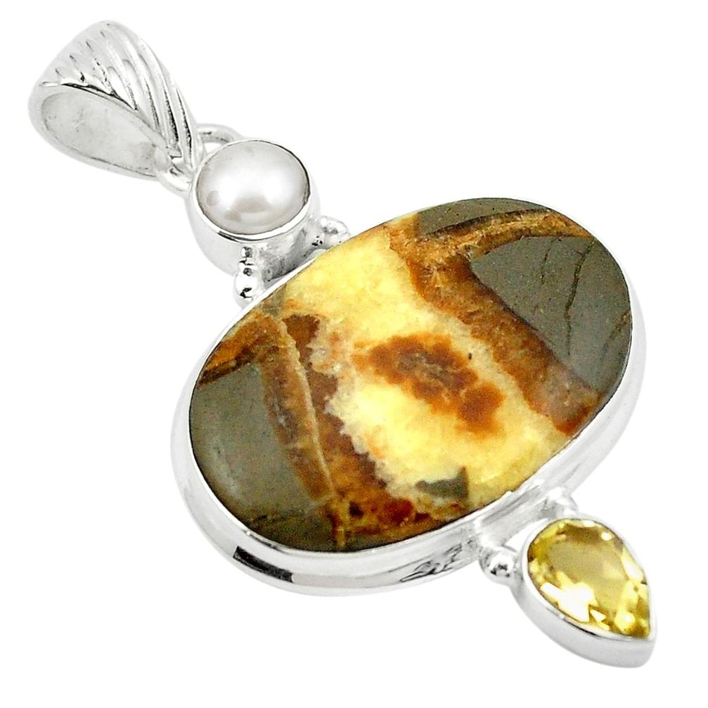 Natural brown septarian gonads peridot pearl 925 silver pendant m53993