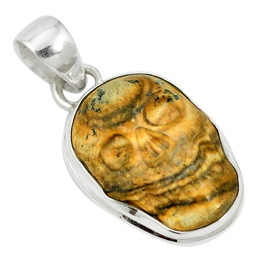 Natural brown picture jasper 925 sterling silver skull pendant m55388