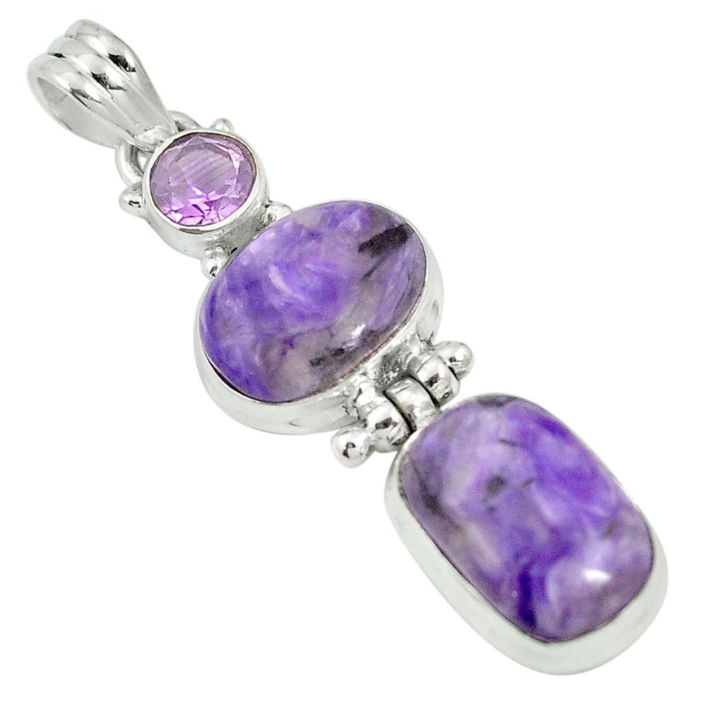 Natural purple charoite (siberian) amethyst 925 silver pendant m55606