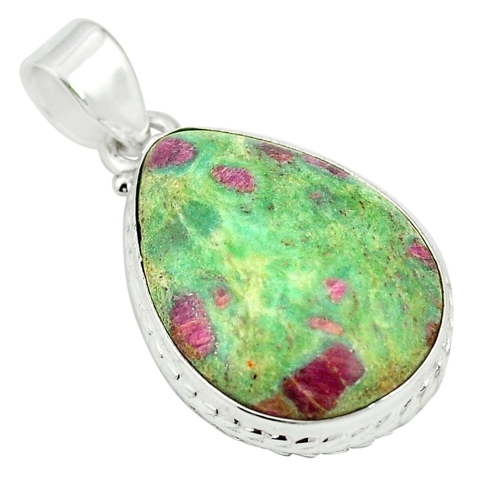 Natural pink ruby in fuchsite 925 sterling silver pendant m56621