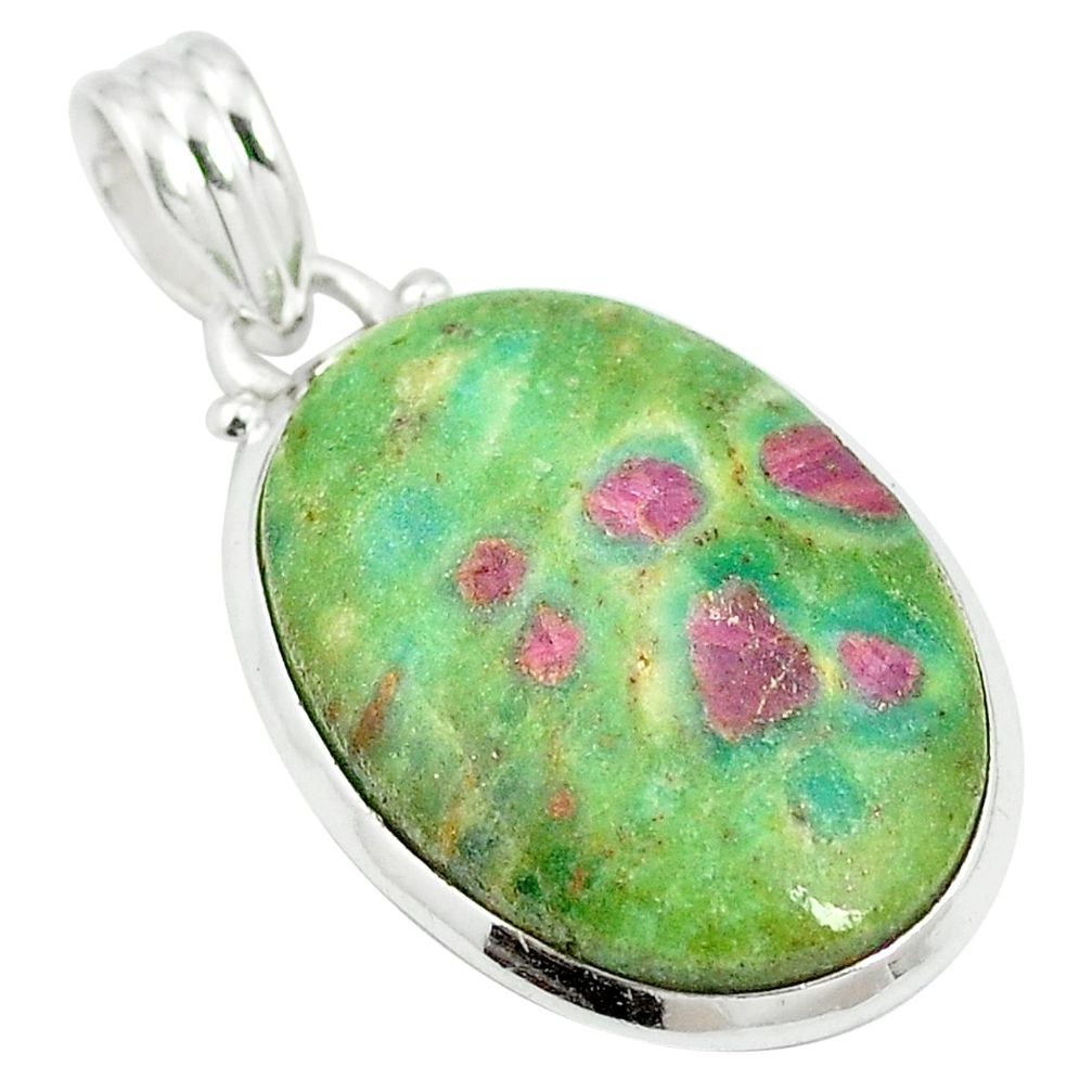 Natural pink ruby in fuchsite 925 sterling silver pendant m56623
