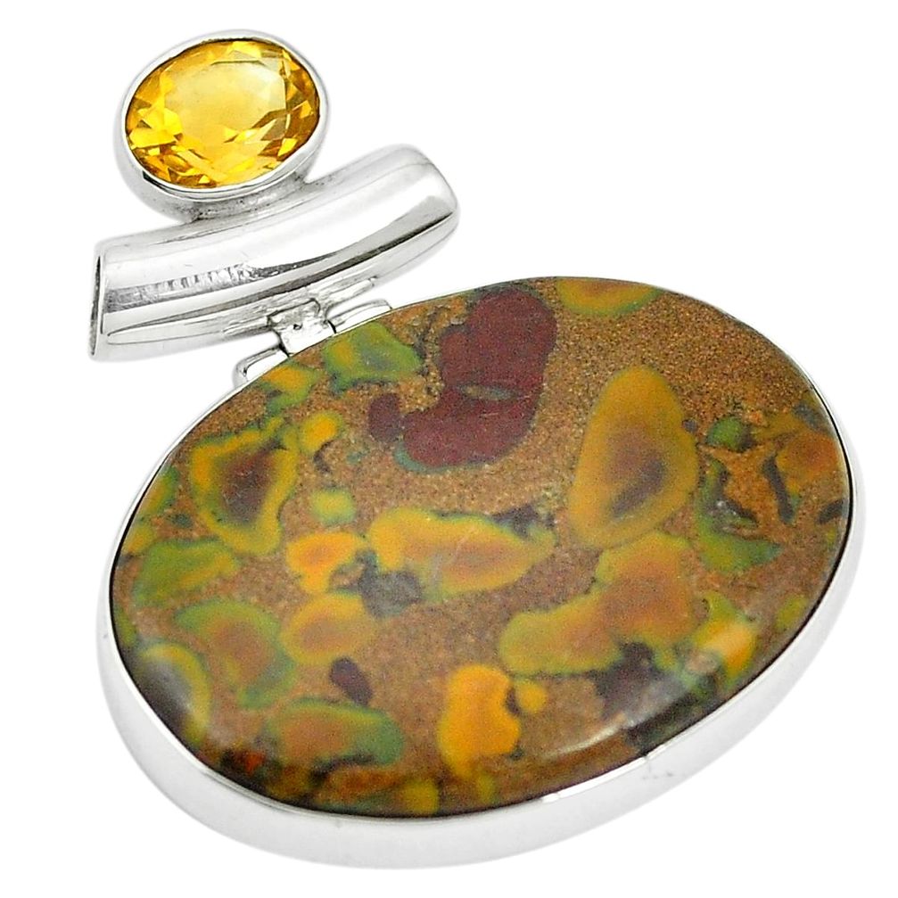 Natural brown bamboo leaf jasper citrine 925 silver pendant m56750