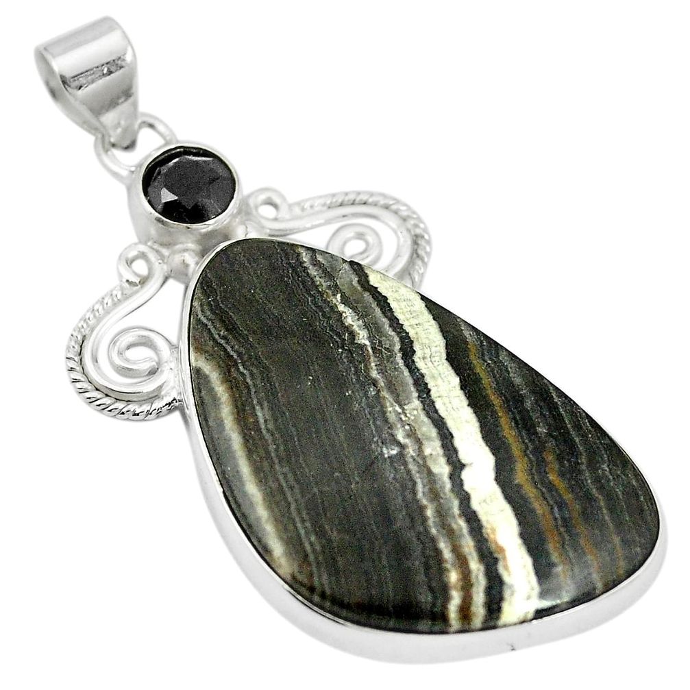 Natural black banded oil shale onyx 925 sterling silver pendant m56788