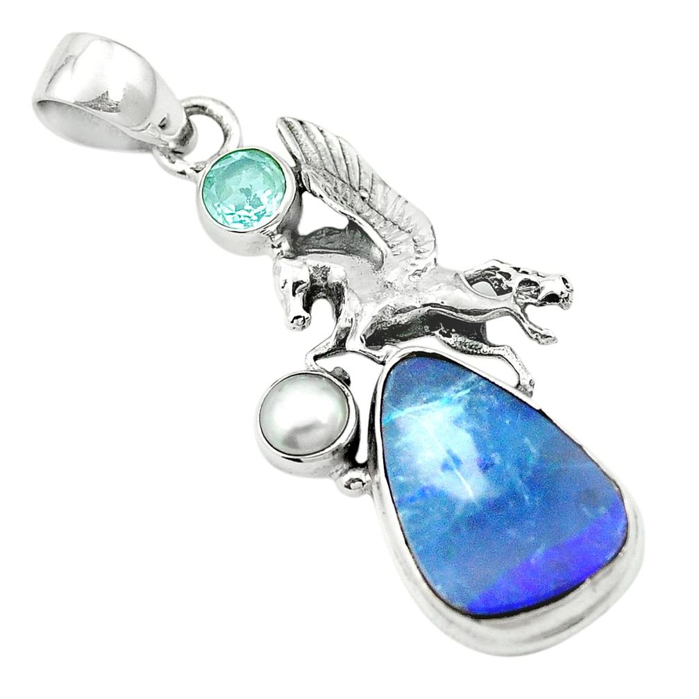 Natural blue doublet opal australian topaz 925 silver pendant m57412