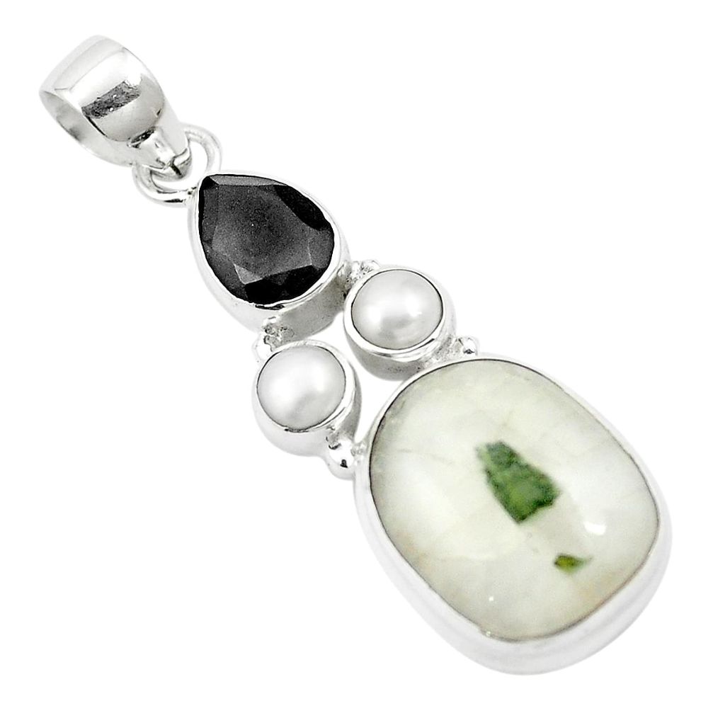 Natural green tourmaline in quartz onyx 925 silver pendant m57503