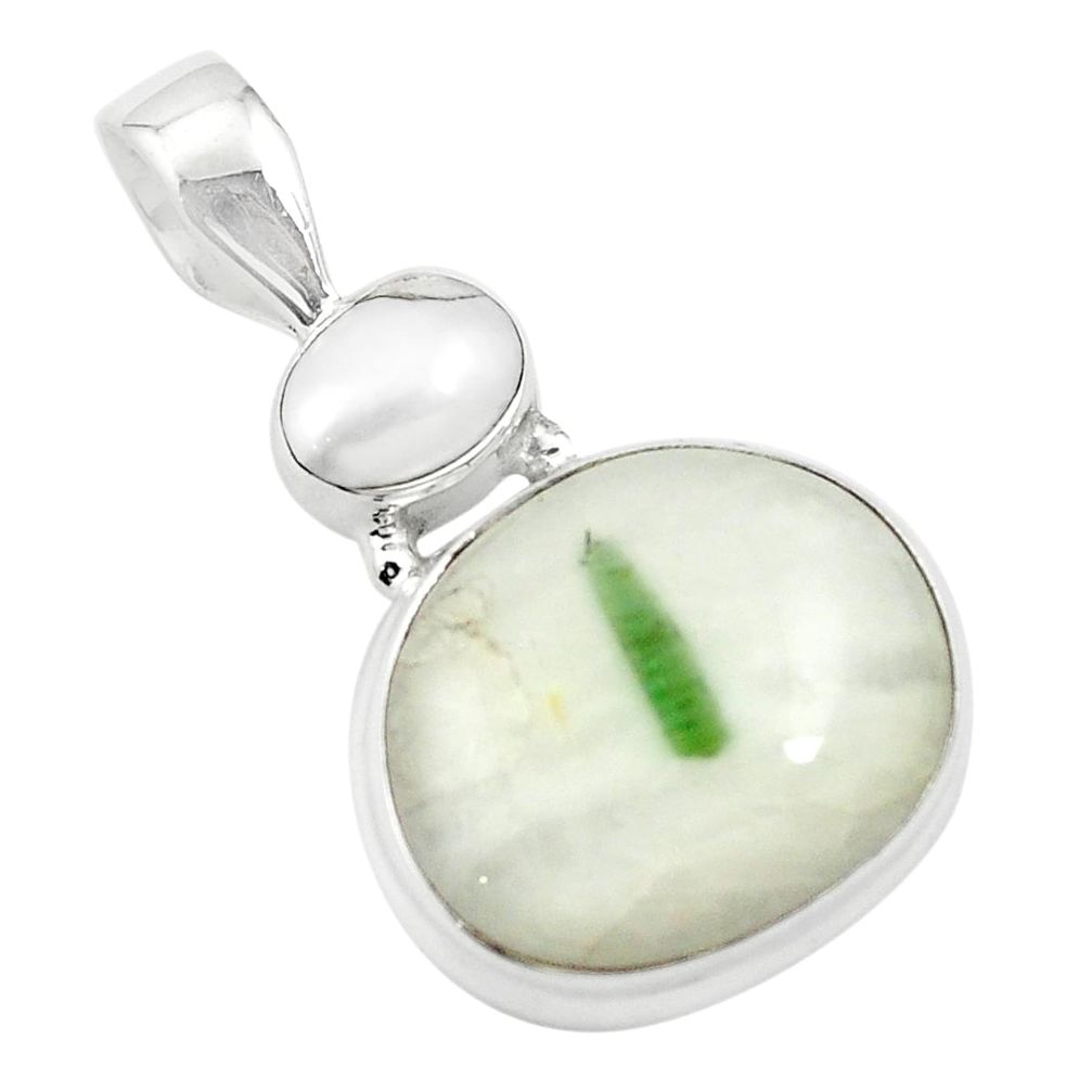 Natural green tourmaline in quartz pearl 925 sterling silver pendant m57506