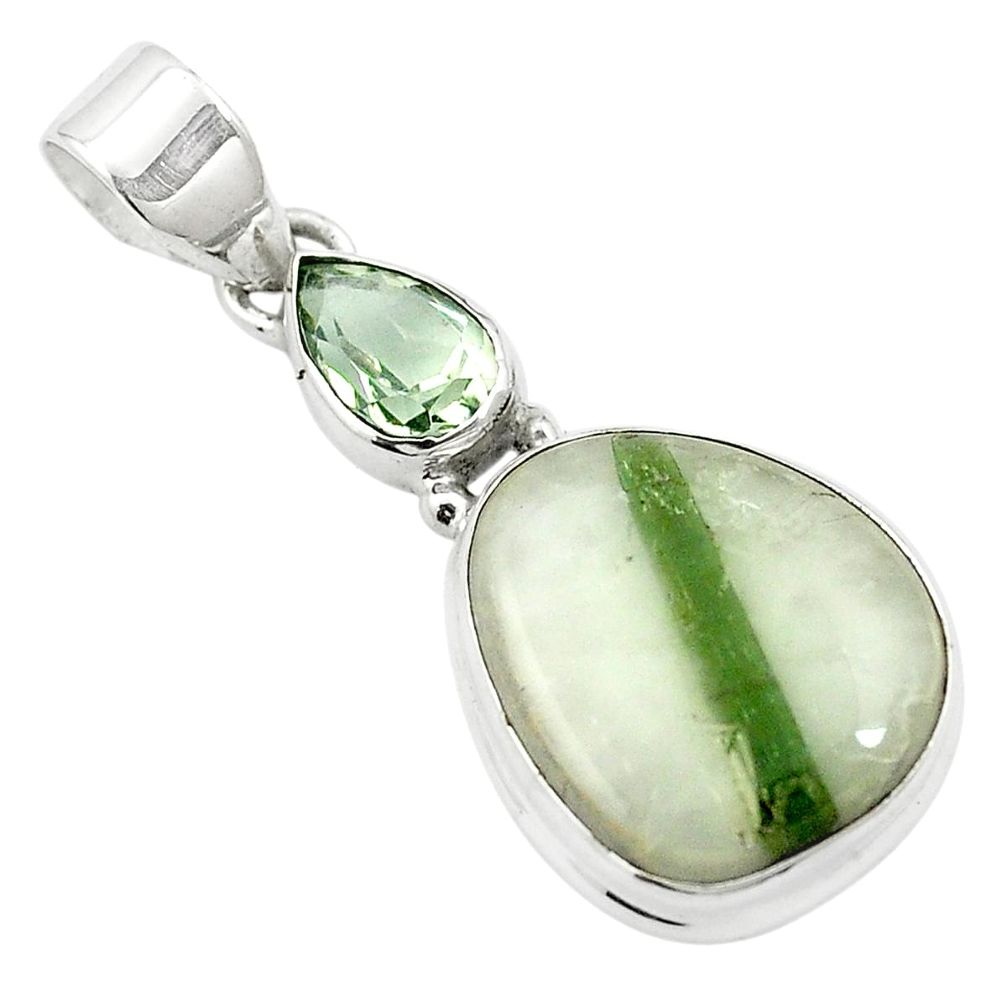 Natural green tourmaline in quartz amethyst 925 silver pendant m57511