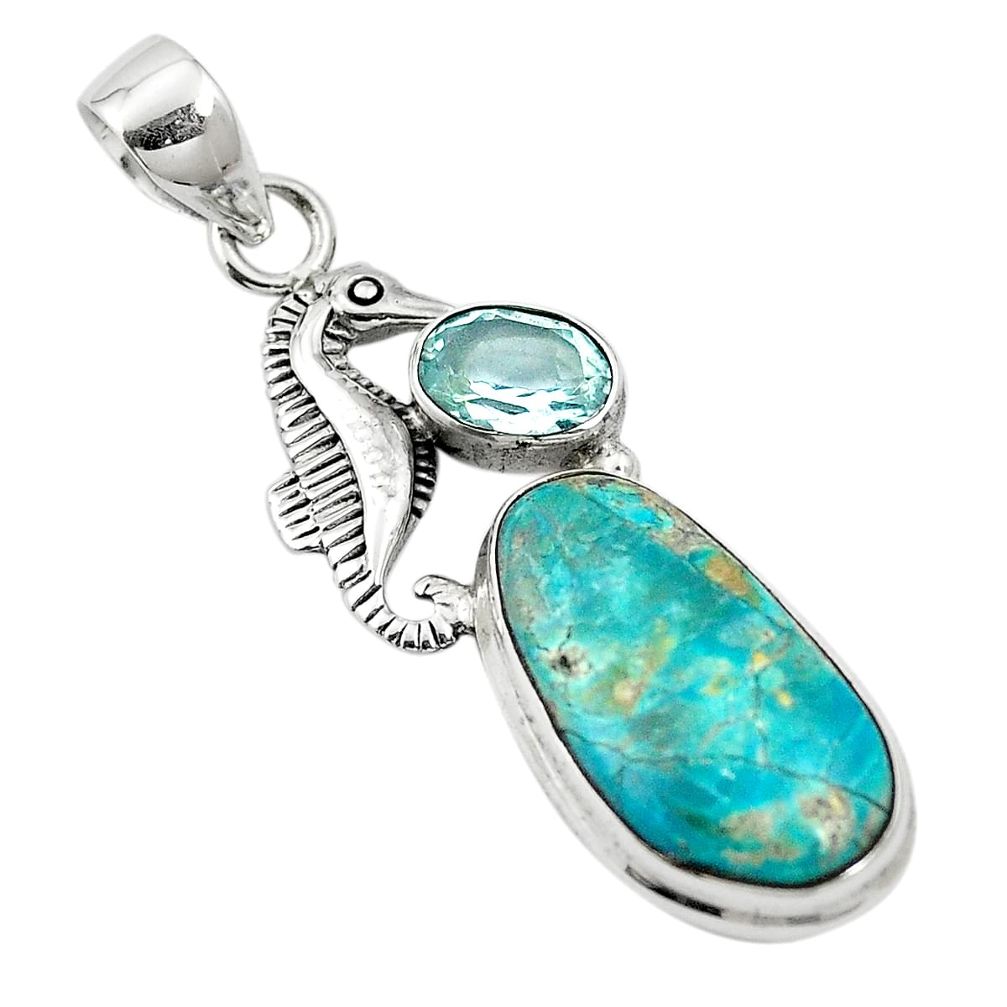 14.77cts natural blue opaline topaz 925 sterling silver seahorse pendant m57540