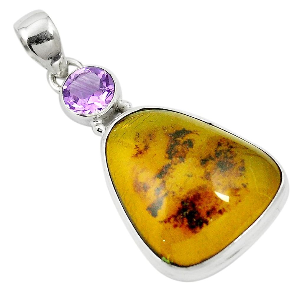 Natural green amber from colombia amethyst 925 silver pendant m57572