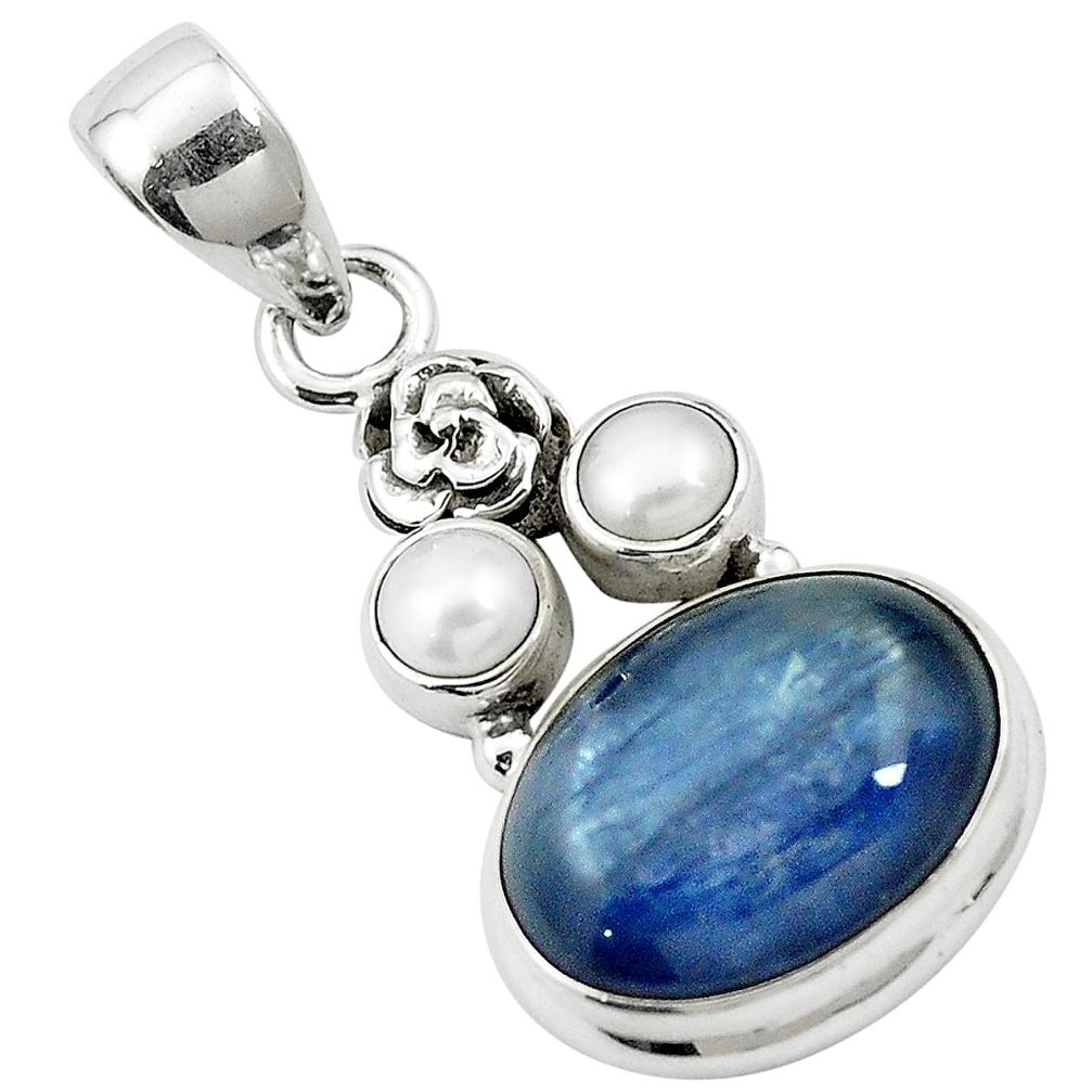 12.36cts natural blue kyanite pearl 925 sterling silver pendant jewelry m57671