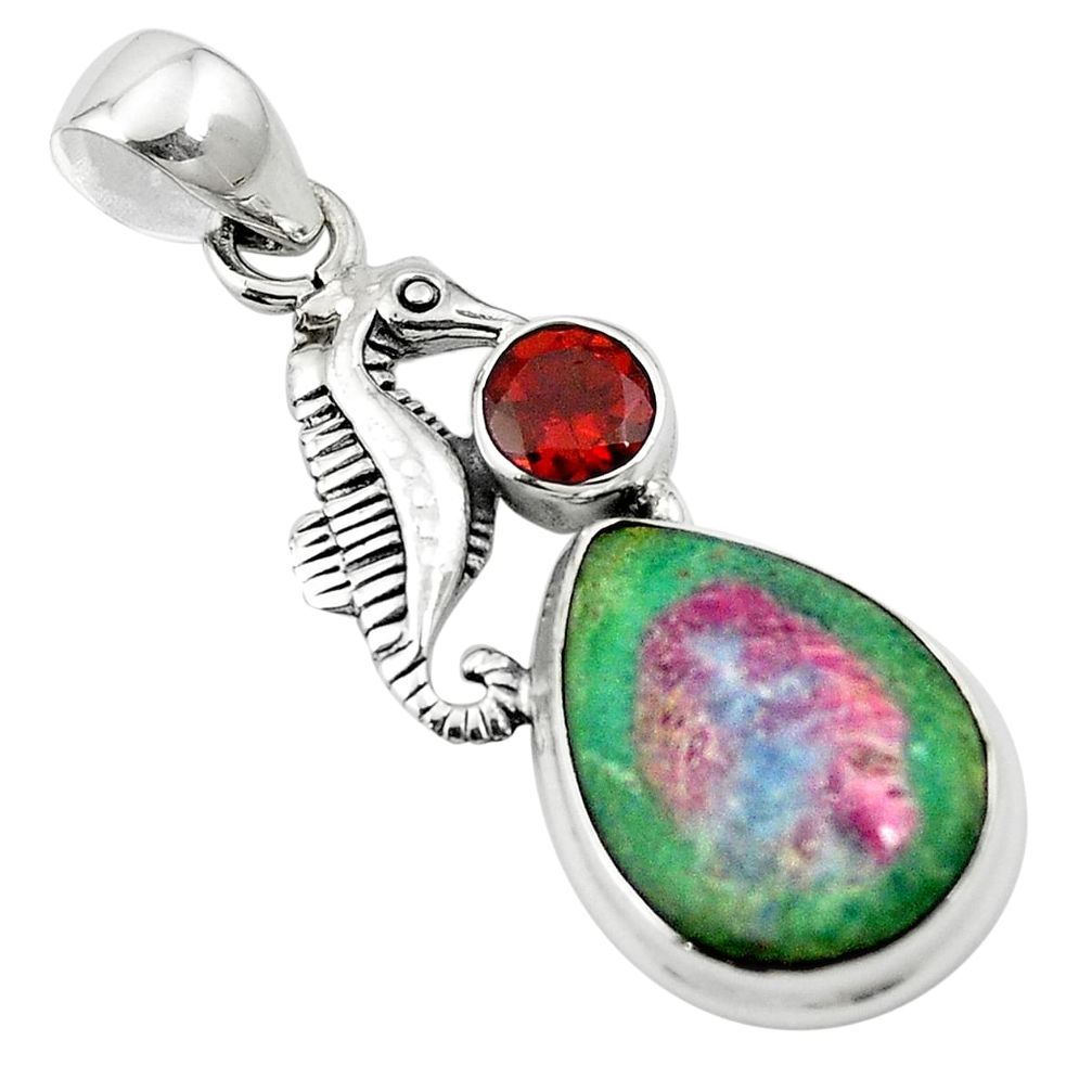 Natural pink ruby in fuchsite garnet 925 sterling silver pendant m57687