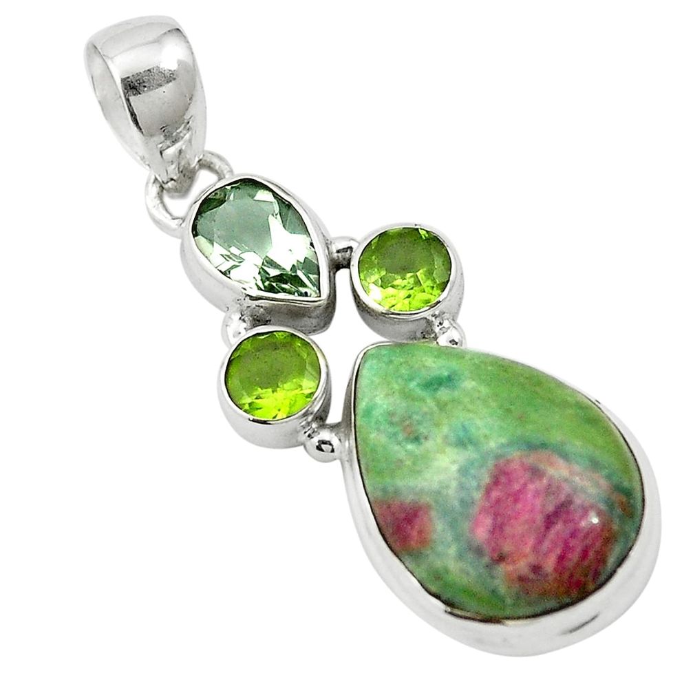 Natural pink ruby in fuchsite peridot 925 silver pendant jewelry m57692