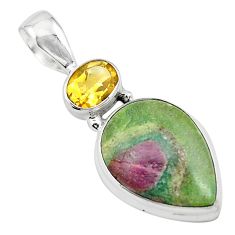 Natural pink ruby in fuchsite yellow citrine 925 silver pendant m57698