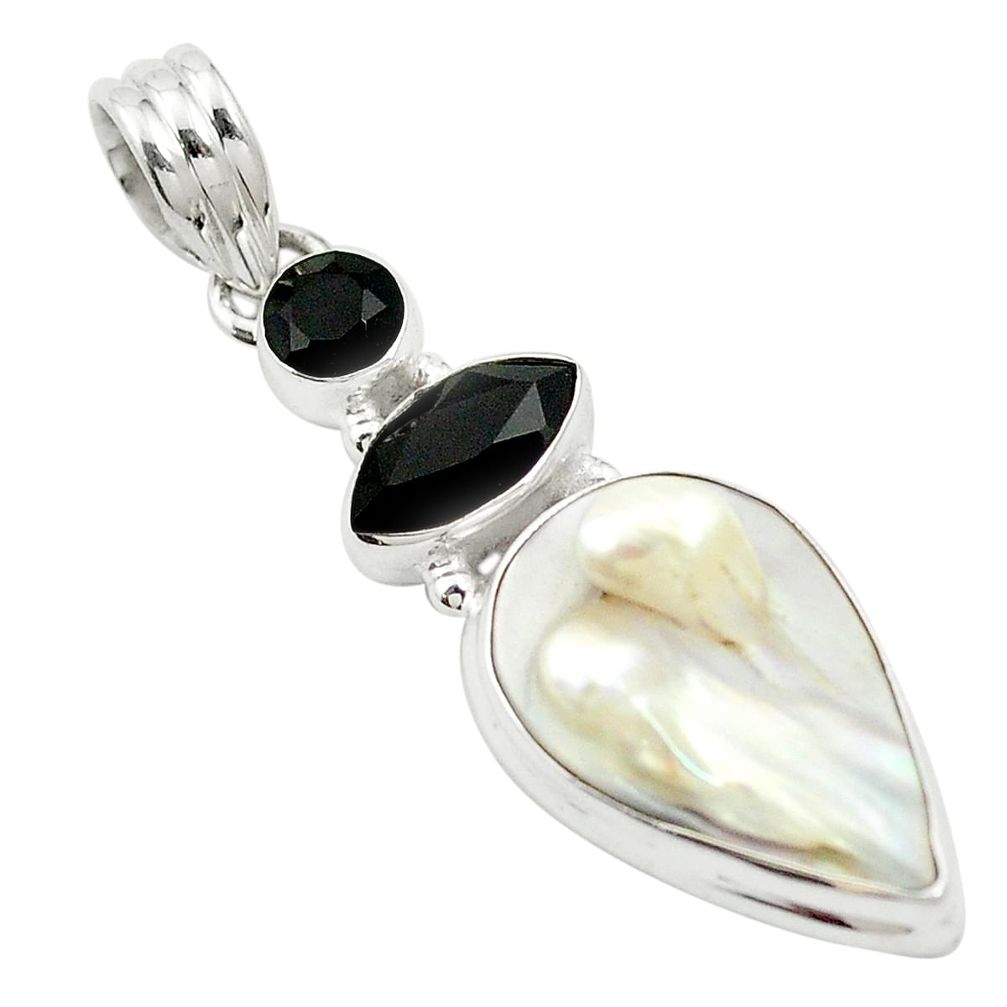 Natural white pearl onyx 925 sterling silver pendant jewelry m57732