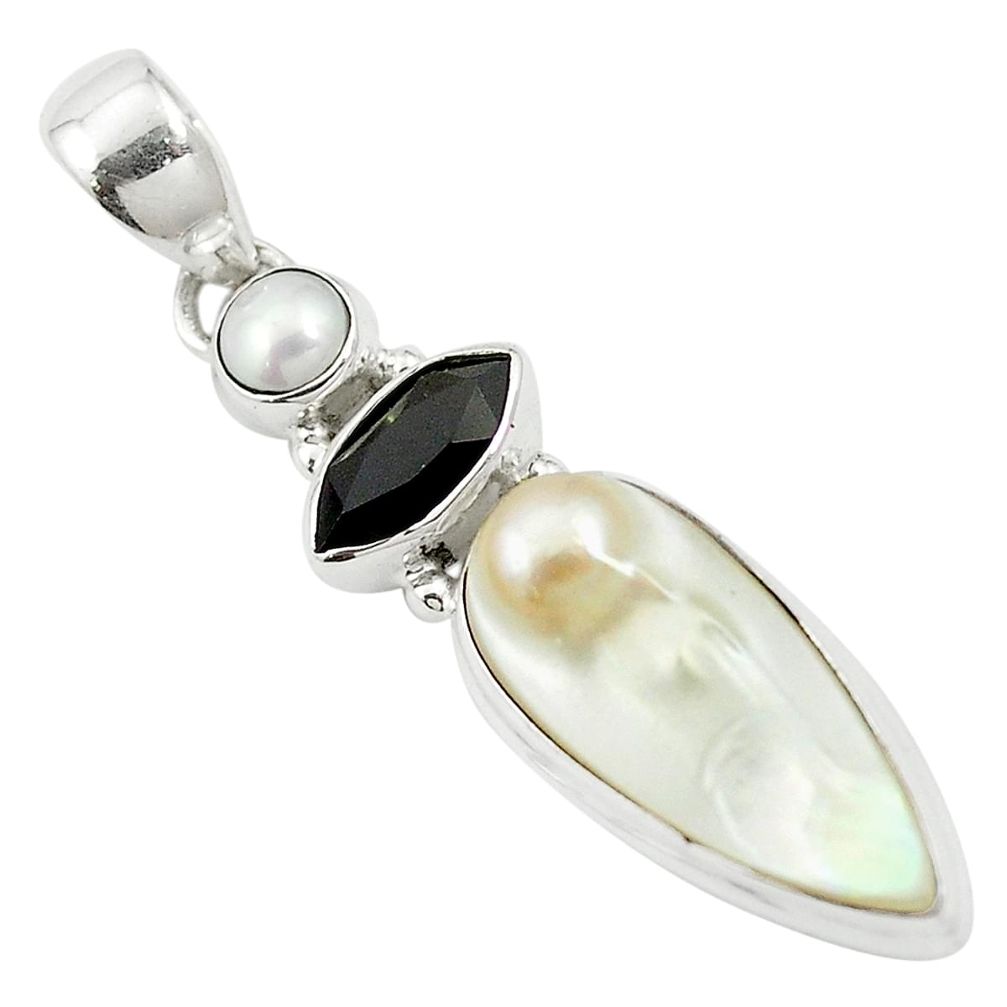 Natural white pearl onyx 925 sterling silver pendant jewelry m57733