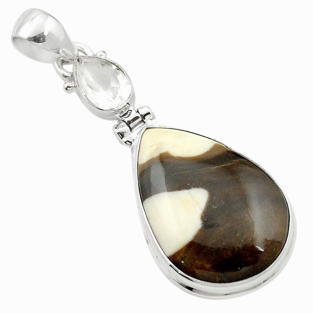Natural brown peanut petrified wood fossil pear 925 silver pendant m57960