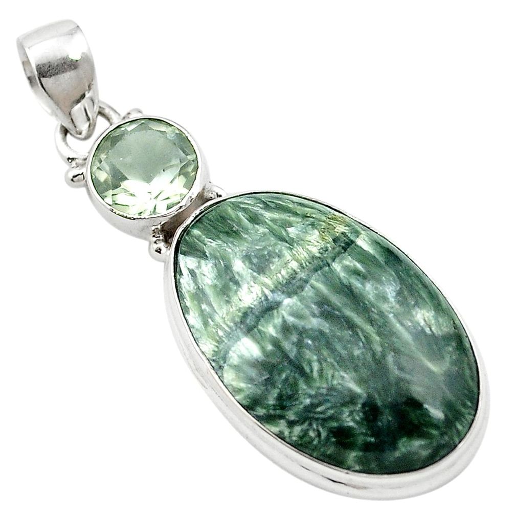Natural green seraphinite (russian) amethyst 925 silver pendant m57967
