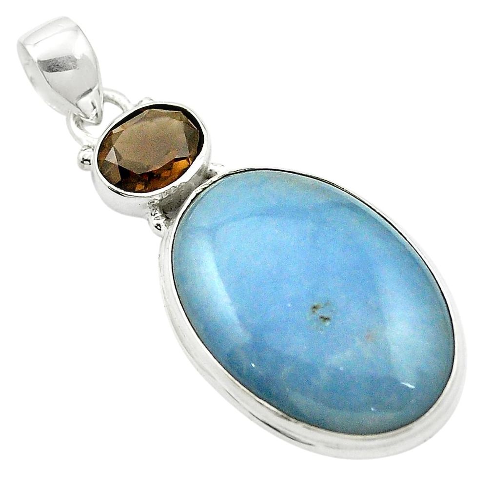 Natural blue angelite smoky topaz 925 sterling silver pendant m58015