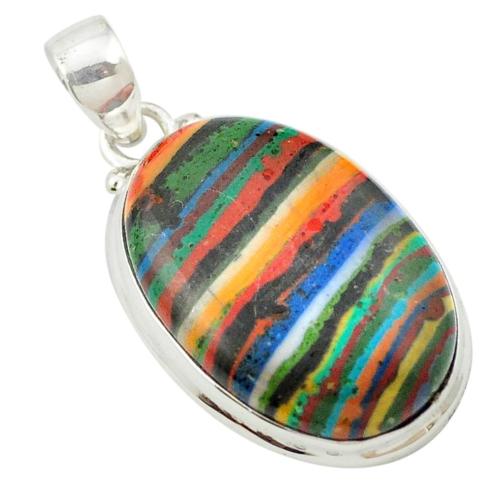 Natural multi color rainbow calsilica 925 sterling silver pendant m58091