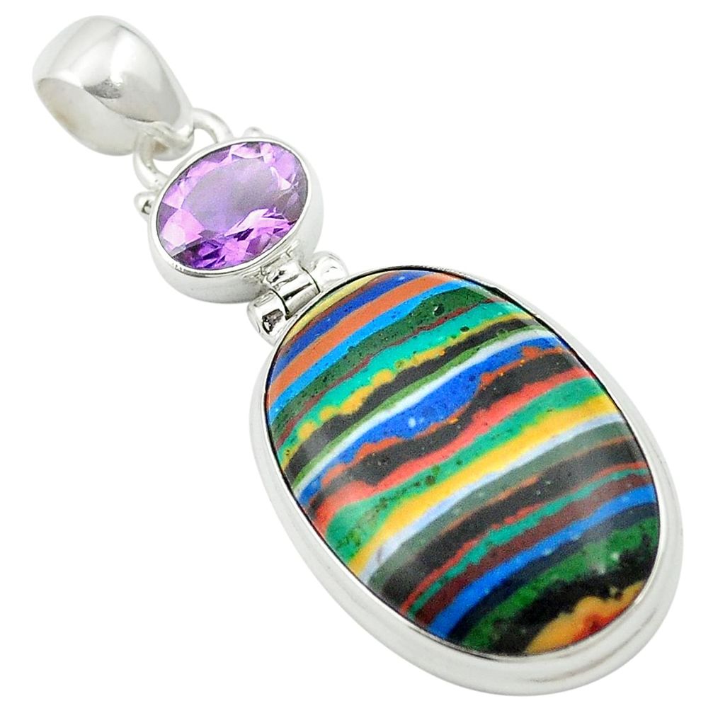 Natural multi color rainbow calsilica purple amethyst 925 silver pendant m58108