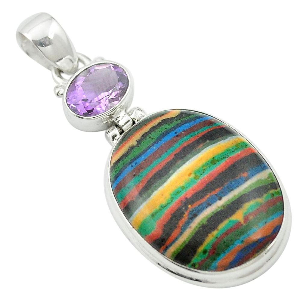 925 silver natural multi color rainbow calsilica purple amethyst pendant m58109