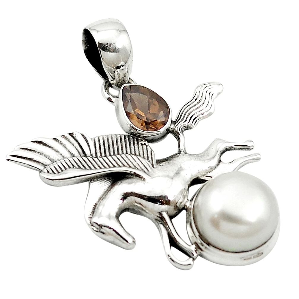 925 silver natural white pearl brown smoky topaz unicorn pendant m58160