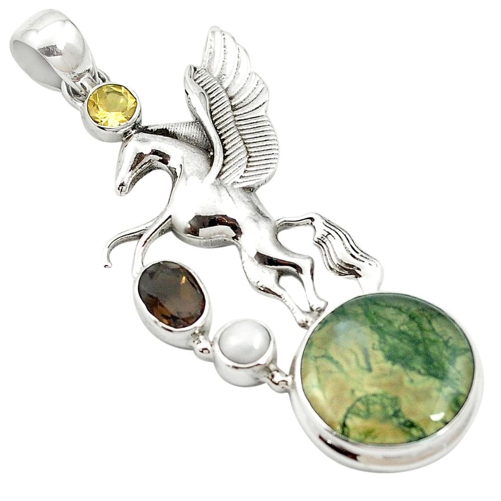 Natural green moss agate smoky topaz 925 silver unicorn pendant m58161