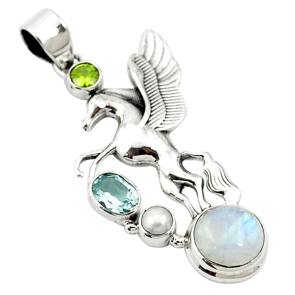 Natural rainbow moonstone peridot 925 silver unicorn pendant m58179