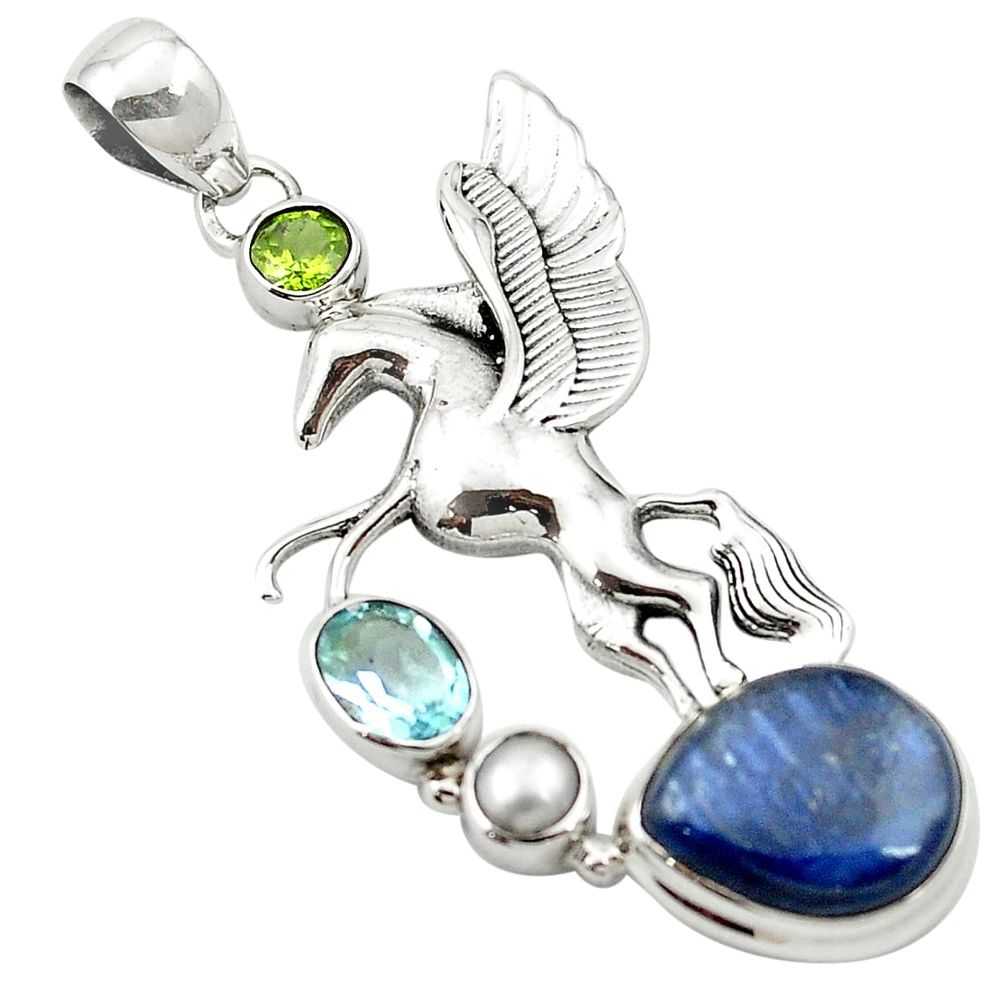 Natural blue kyanite peridot 925 sterling silver unicorn pendant m58214