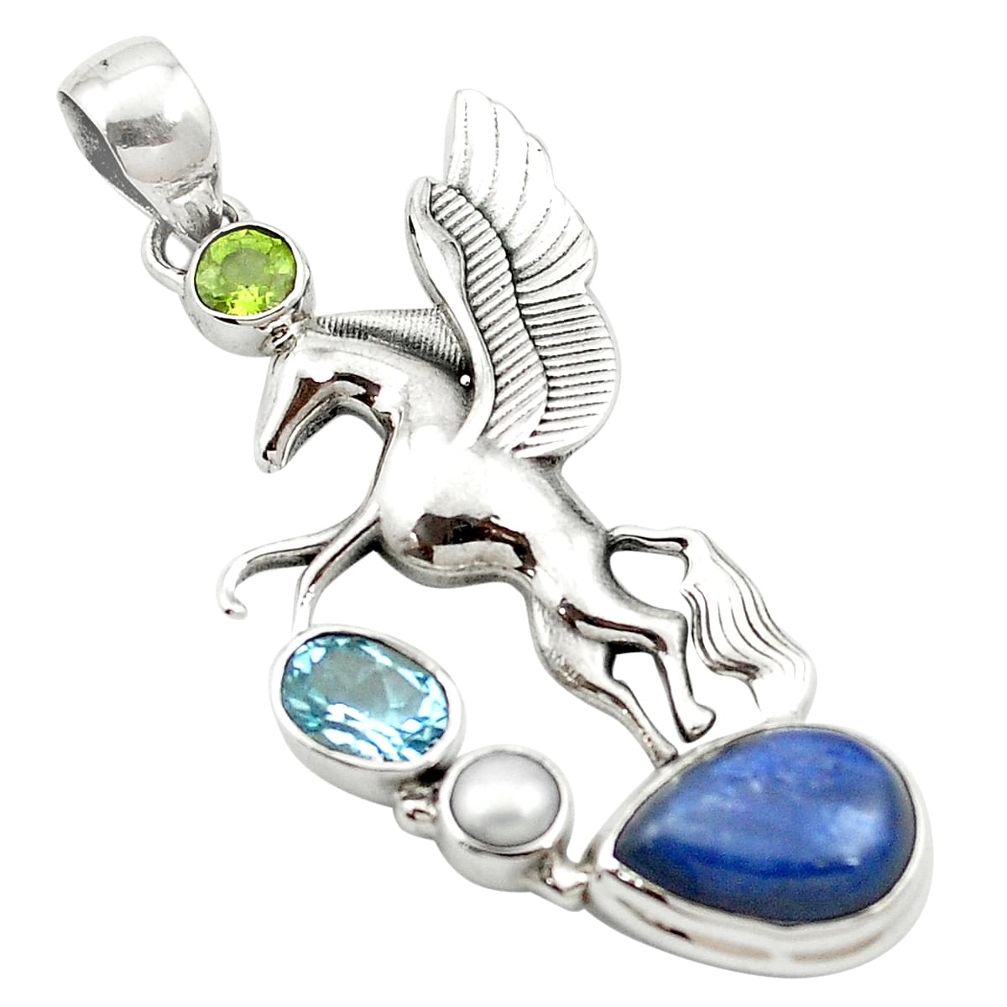 Natural blue kyanite peridot 925 sterling silver unicorn pendant m58218