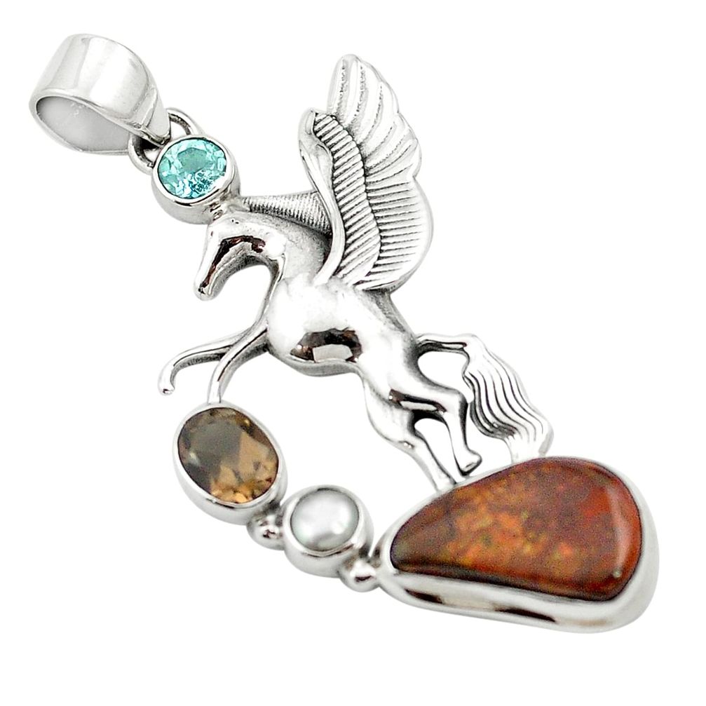 Natural multi color mexican fire agate 925 silver unicorn pendant m58445