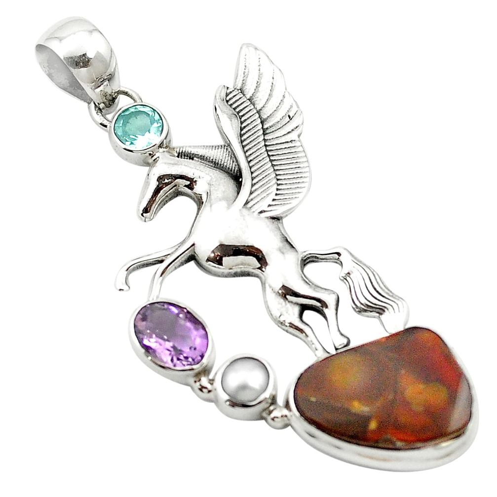 Natural multi color mexican fire agate 925 silver unicorn pendant m58446