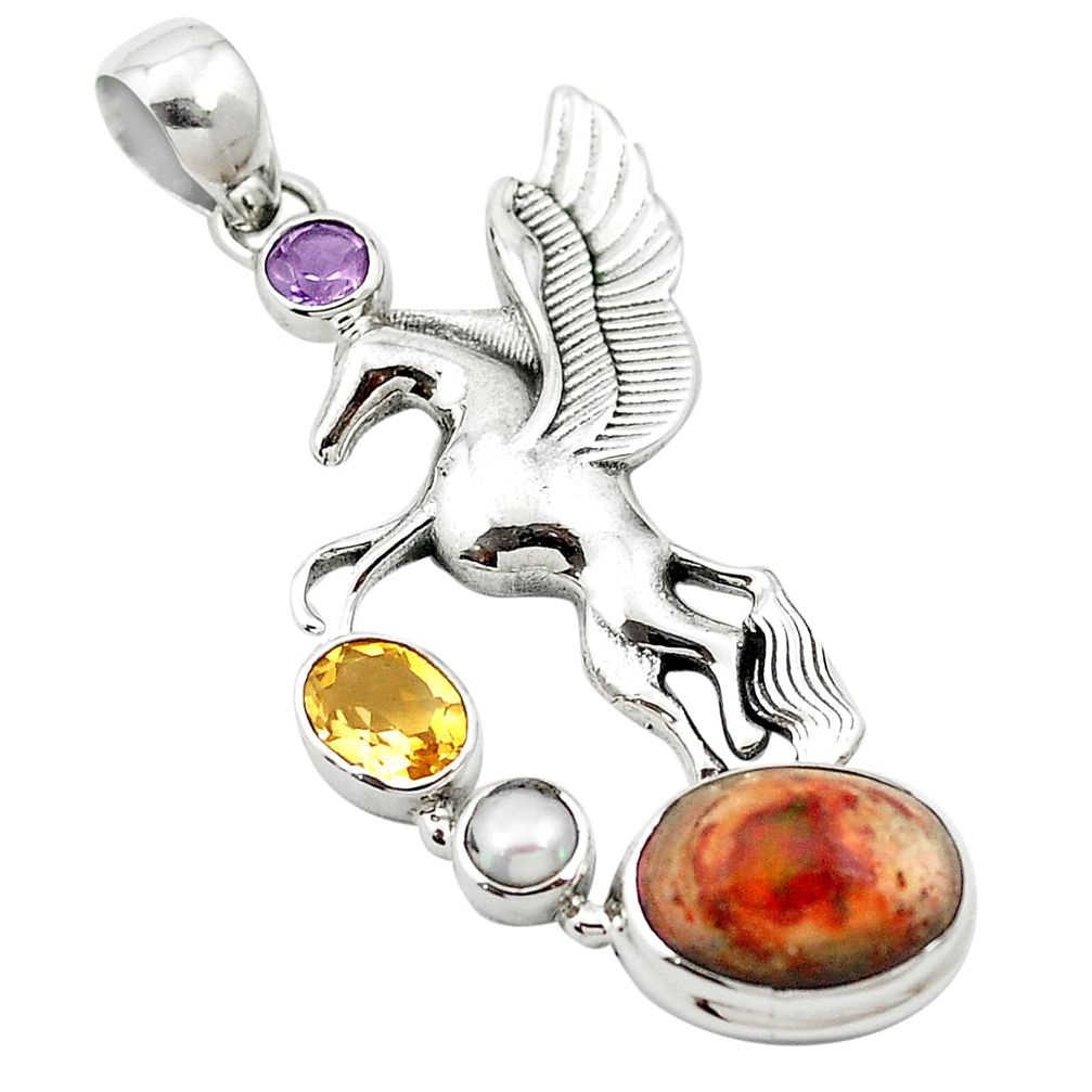 Natural multi color mexican fire opal 925 silver unicorn pendant m58457
