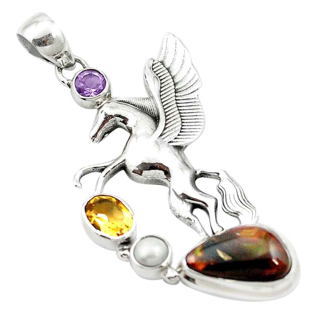 Natural multi color mexican fire opal 925 silver unicorn pendant m58460